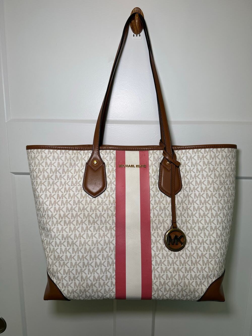 Michael Kors Signature MK Logo Large Tote Bag Pink White Stripe Brown + Pouch